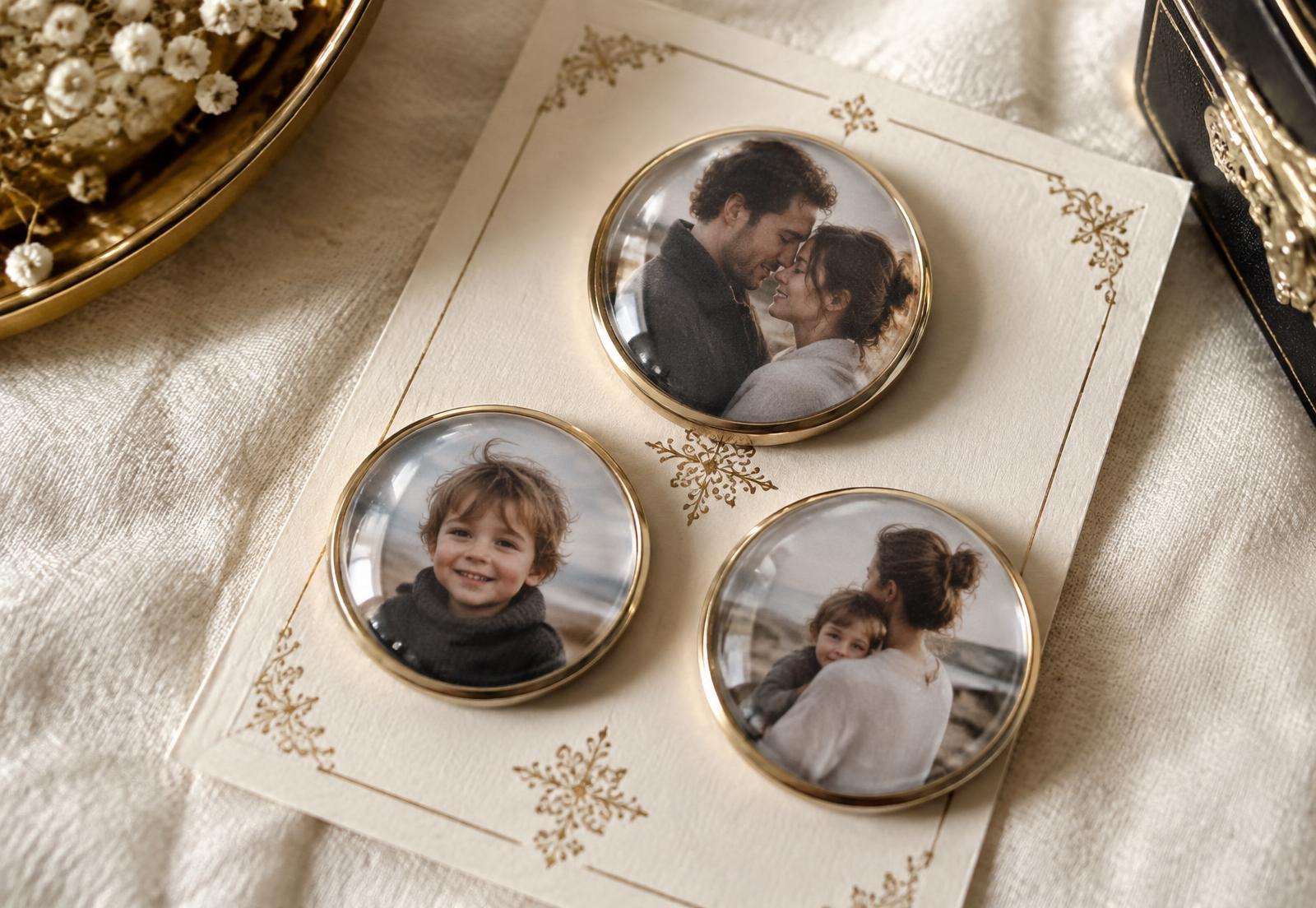 Trois magnets photo en verre bombé posés sur une carte ivoire ornée d'or