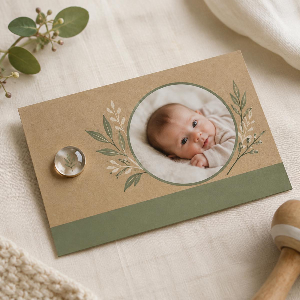 Faire-part de naissance aimanté avec photo ronde et feuillage